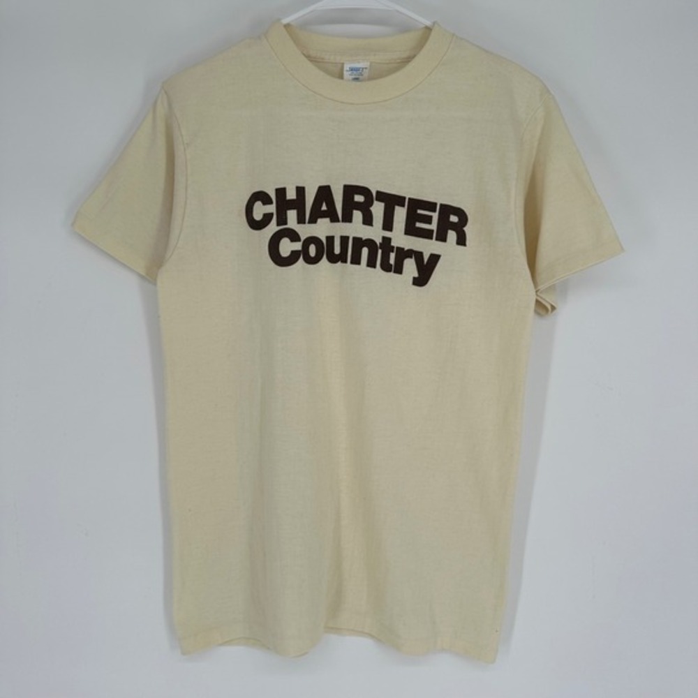 Vintage 80s Sandy-T Charter Country Graphic Shirt Cream Single‎ Stitch USA Large